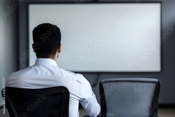 Obraz Rear view of a focused businessman in a modern office, sitting and looking at a large blank projection screen, conceptualizing future corporate strategy