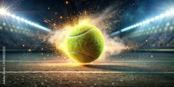 Fototapeta A Fiery Tennis Ball Exploding with Dynamic Energy in a Stadium Setting