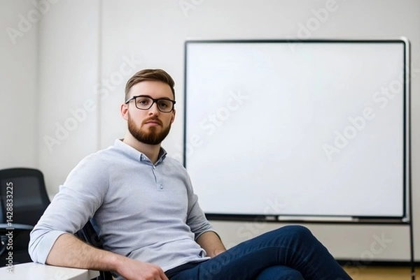 Obraz Portrait of a confident young businessman with a beard and glasses sitting in a modern office, looking at the camera next to a blank whiteboard for presentation