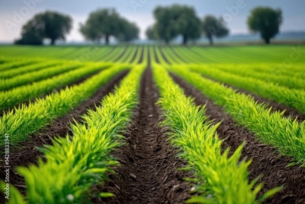 Fototapeta Farm rows of young corn sprouts stretch toward trees under a cloudy sky