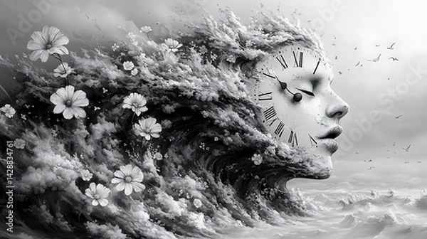 Fototapeta Surreal Photo Of Woman With Clock Face Emerging From Ocean Waves And Flowers