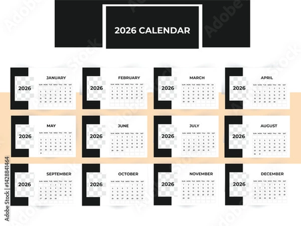 Fototapeta 2026 desk calendar design, Monthly calendar template for 2026 year. Diary planner in a minimalist style. Week Starts on Monday.