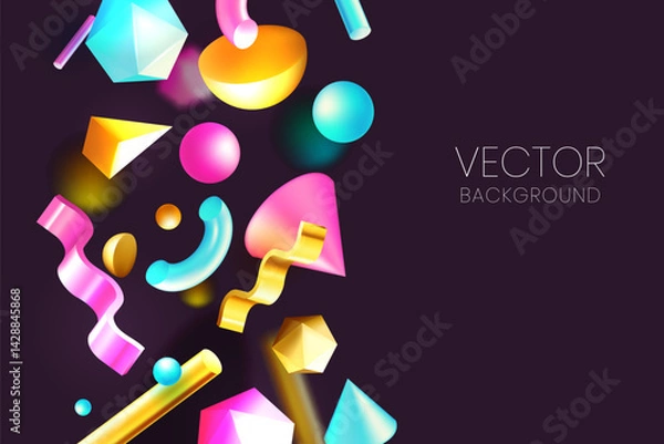 Fototapeta Black background with multicolor 3d geometric shapes. Abstract glossy plastic design elements. Vector illustration
