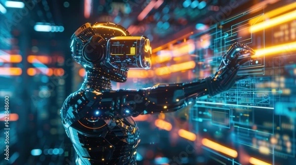 Fototapeta 3d render cyberpunk robot warrior in virtual reality glasses hold gun in digital hologram background