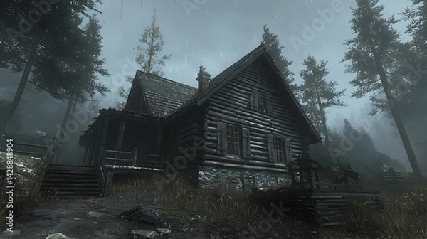 Fototapeta Dark Grey Log Cabin In Snowy Forest