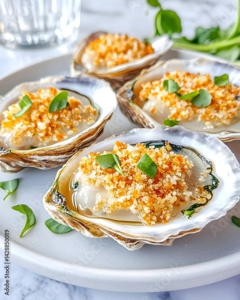 Obraz Baked oysters topped with breadcrumbs and herbs, served on a white plate