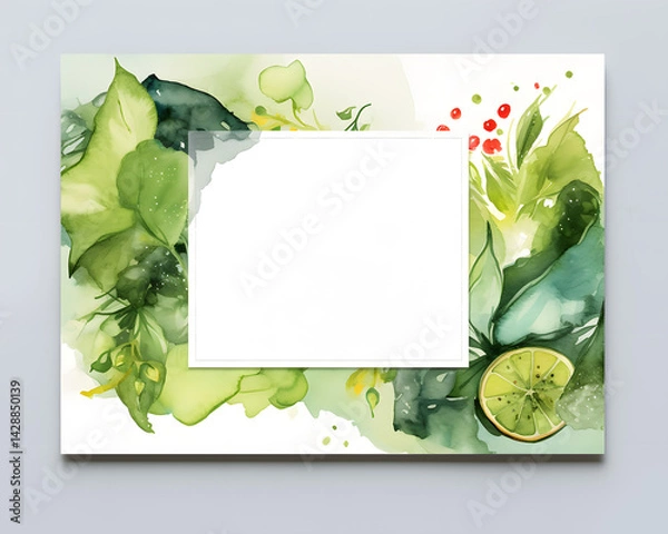 Obraz Watercolor invitation card background with vegetable salad. Template for restaurants, cafes and catering.