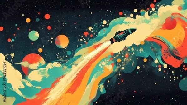Fototapeta Colorful cosmic rocket launch into the boundless galaxy.