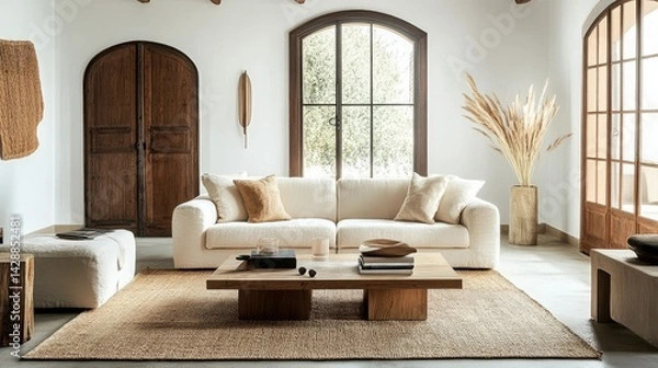Fototapeta A harmonious living space with minimalist furniture, wooden elements, a comfortable cream sofa, and a statement rug