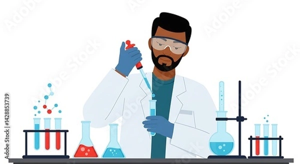 Fototapeta Illustration of scientist with pipette doing experiment in laboratory with tools