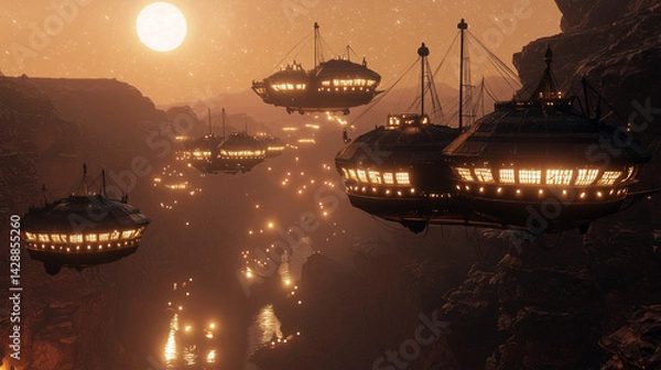 Fototapeta Dwarven Airships Over Twilight Canyon with Lanterns