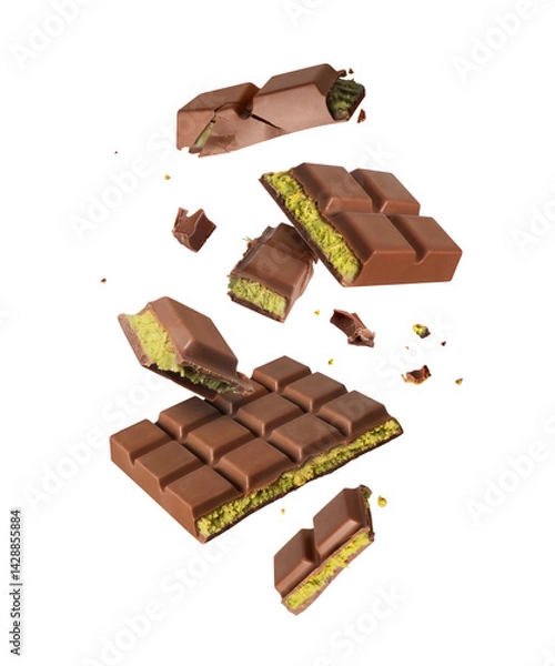Fototapeta Crushed Dubai chocolate in the air isolated on a white background. Dubai chocolate is made with pistachio paste and kadayif