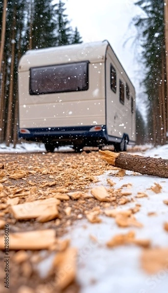 Obraz RV stuck on snowy road, blocked by fallen tree branch