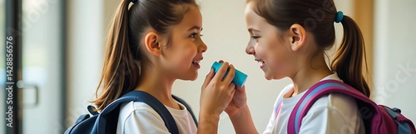 Fototapeta Mother Checking Her Daughters Inhaler Before Going To School For World Asthma Day
