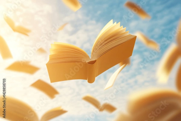 Fototapeta Flying book with pages in motion against a blue sky background