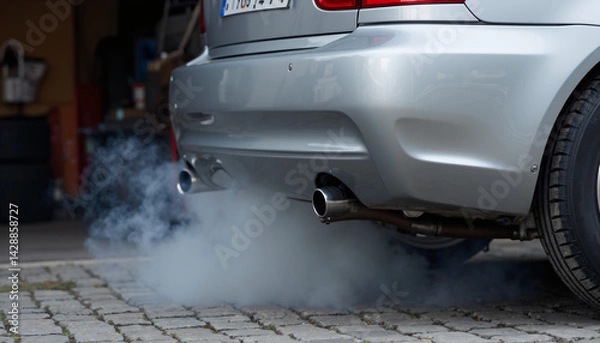Fototapeta A silver car with a lot of smoke coming out of it.