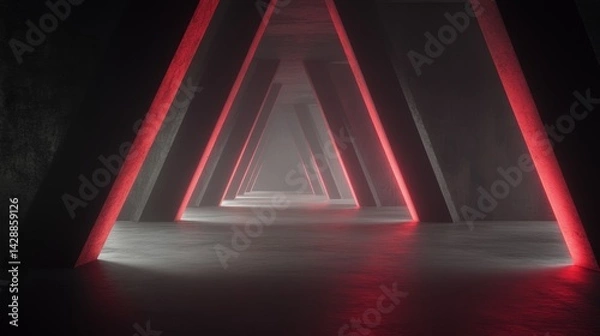 Obraz Abstract geometric layout with red and black light frame, triangle tech design elements over gray textured background. Modern concept for futuristic interface, innovation, and digital structure themes