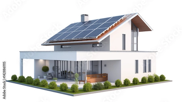 Fototapeta Modern house with solar panels on the roof and green landscaping around isolated on transparent background	