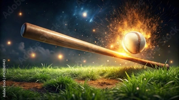 Fototapeta Fiery Baseball Bat Impacting a Ball on Lush Green Field at Night
