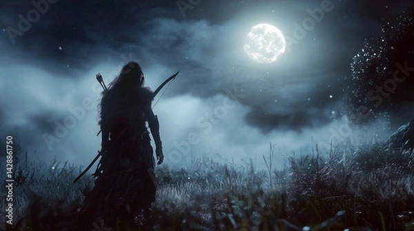 Fototapeta Enchanted Marsh with Elf in Glowing Fog and Moonlight