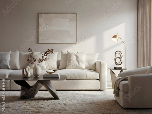 Obraz A modern yet cozy space, neutral-toned living room with soft textiles, geometric decor, and sculptural accents. 
