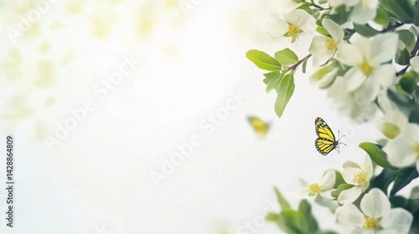 Fototapeta Spring apple tree blooming flowers on branch with delicate butterflies flying over natural garden background, creating a seasonal floral border concept with vibrant petals and fresh atmosphere