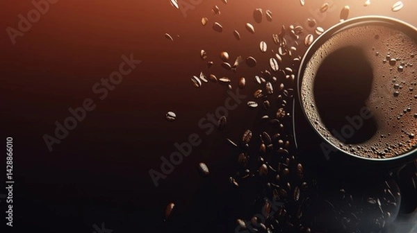 Fototapeta Top view of black ceramic cup filled with hot espresso on roasted coffee beans background, illuminated by morning window light. Warm minimal breakfast drink concept with space for text and composition