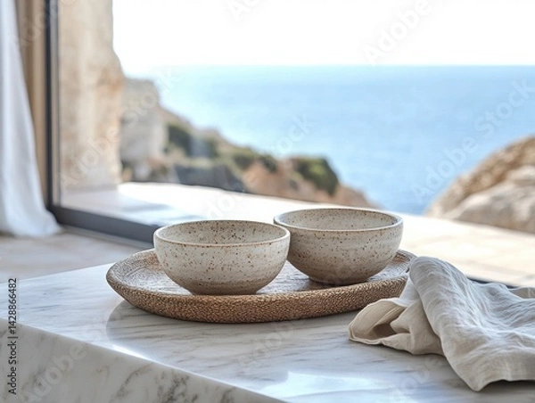 Fototapeta Two small, handcrafted ceramic bowls placed on an elegant tray with a textured surface and a linen napkin beside them; a marble countertop near a window overlooking the sea.