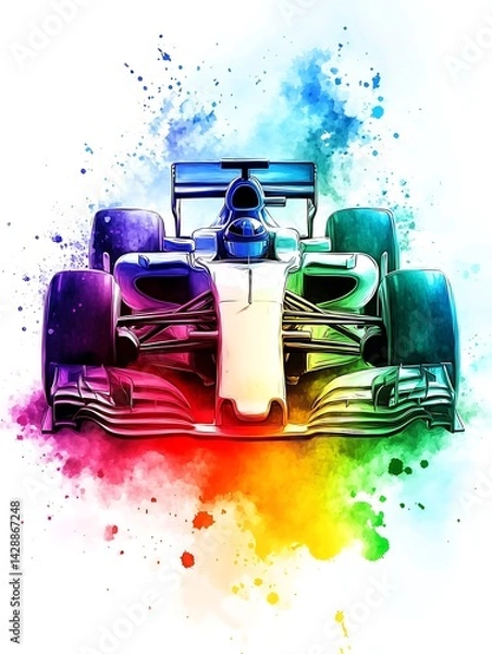 Fototapeta Abstract watercolor painting of a Formula One race car. The car is predominantly white with splashes of vibrant rainbow colors forming a dynamic background. The image uses a front view perspective
