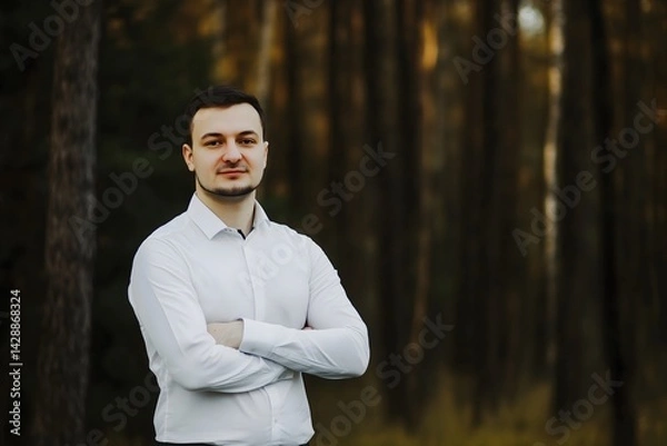 Fototapeta Confident young professional man in a classic white shirt stands with arms crossed, smiling for a business headshot in a natural autumn forest setting