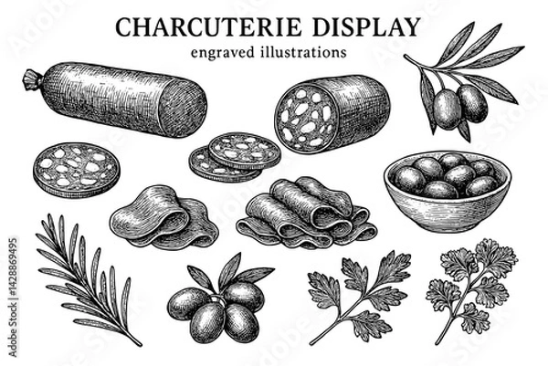 Fototapeta Artfully arranged charcuterie display featuring various cured meats, cheeses, and olives illustrated in intricate engravings