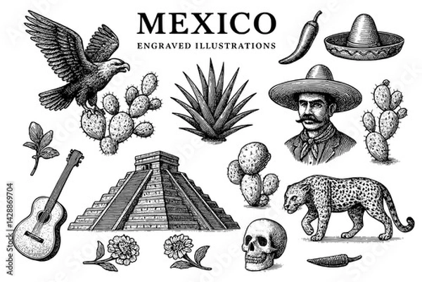 Fototapeta Exploring the rich culture and history of Mexico through detailed engravings and iconic symbols