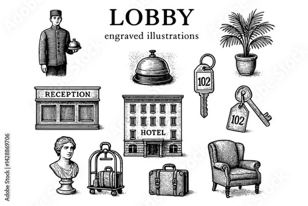 Fototapeta Detailed engravings depicting a hotel lobby with reception desk, keys, and vintage furnishings in a classic style