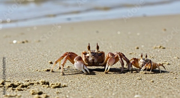 Fototapeta Small Crabs Scurrying on Sandy Beach Coastal Wildlife Crustacean Marine Life Shoreline Scene