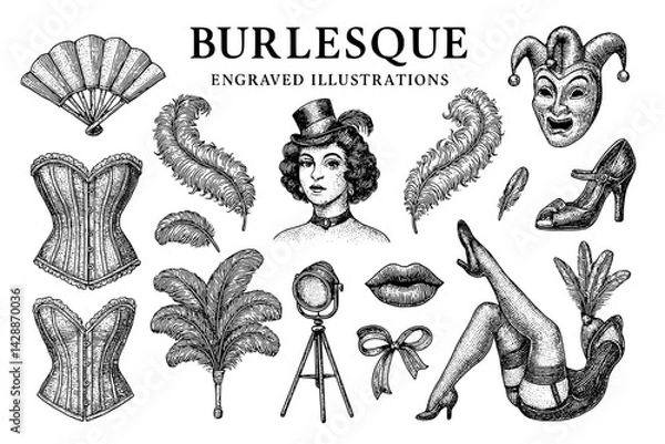 Fototapeta Engravings of burlesque art showcasing elegance, allure, and vintage charm from a bygone era illuminated by intricate designs