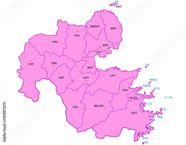 Fototapeta 大分県　地図　ピンク　斑点　イラスト