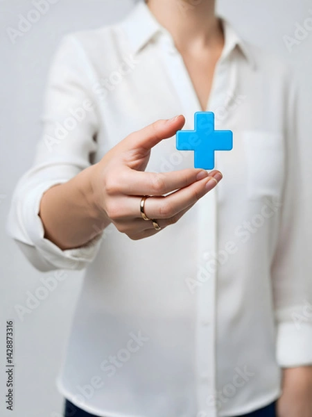 Obraz Health insurance health concept. access to welfare health and copy space. Woman hand holding plus icon for the healthcare medical icon. 