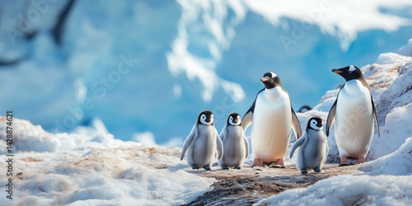 Fototapeta Group of penguins in snow Arctic environment. World penguin day