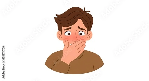 Obraz Worried Cartoon Man Covering His Mouth Expressing Discomfort or Embarrassment