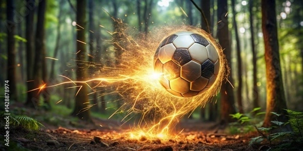 Fototapeta A glowing soccer ball explodes with fiery sparks in a tranquil forest setting