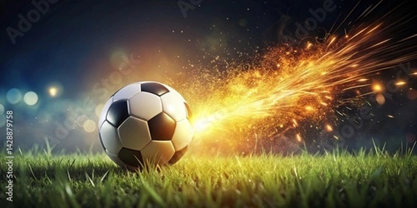 Fototapeta A glowing soccer ball on a grassy field, emitting a fiery, sparkling trail of light