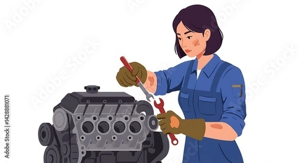 Obraz Illustration of a woman mechanic repairing a car engine with hand tools