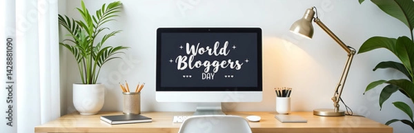Fototapeta Creative Workspace With Inspirational Quotes For World Bloggers Day