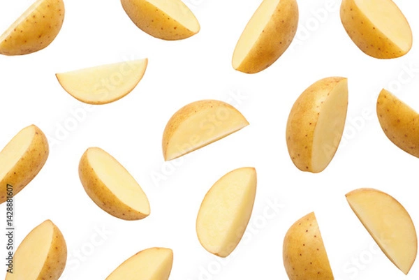 Fototapeta Sliced yellow potatoes arranged in various angles, showcasing their smooth texture and natural coloration.