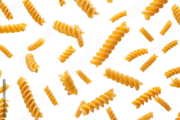 Fototapeta A vibrant assortment of spiral pasta pieces floating against a black background, showcasing their unique shapes and textures.