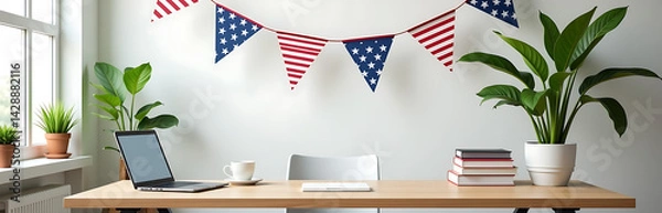 Fototapeta Creative Workplace Setting With Labor Day Decorations Photo Style 9