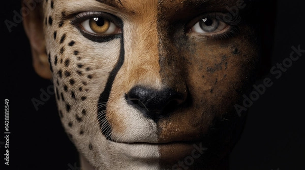 Fototapeta Human face morphing with cheetah features representing gene splicing