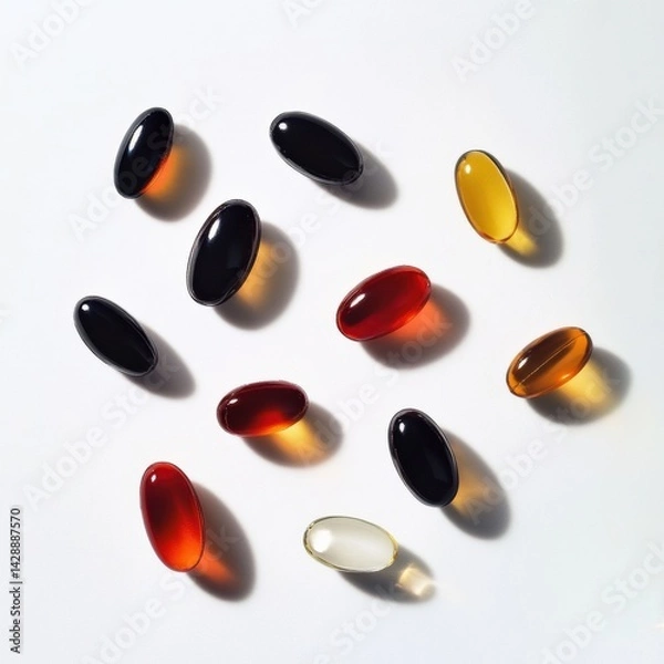 Fototapeta Dietary supplements and oval-shaped fish oil softgels arranged on a white background showcasing various colors and shapes enhancing health and wellness
