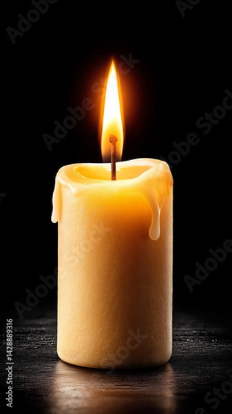Fototapeta Single burning candle on a dark background with copy space. Symbol of remembrance, mourning, grief, prayer, eternal memory, memorial day or funeral ceremony.