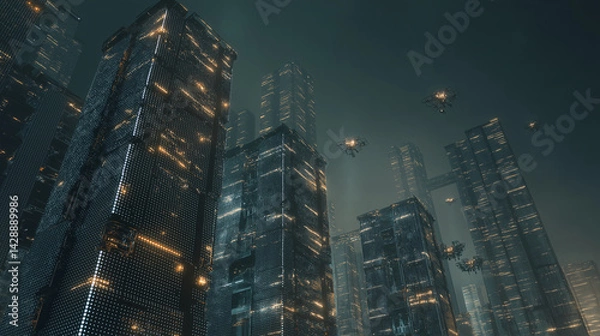 Fototapeta Cyberpunk City with Drones Delivering Code Packets